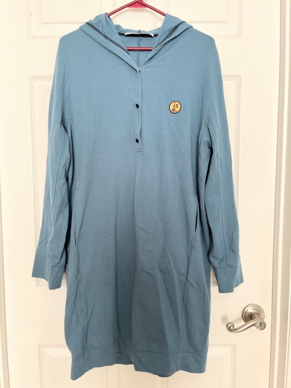 is e. Light Blue Hooded Sweatshirt Dress size L